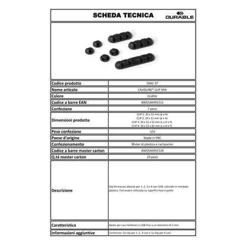 Clip fermacavi adesiva DURABLE CAVOLINE CLIP MIX grafite diversi formati conf. da 7 - 504137